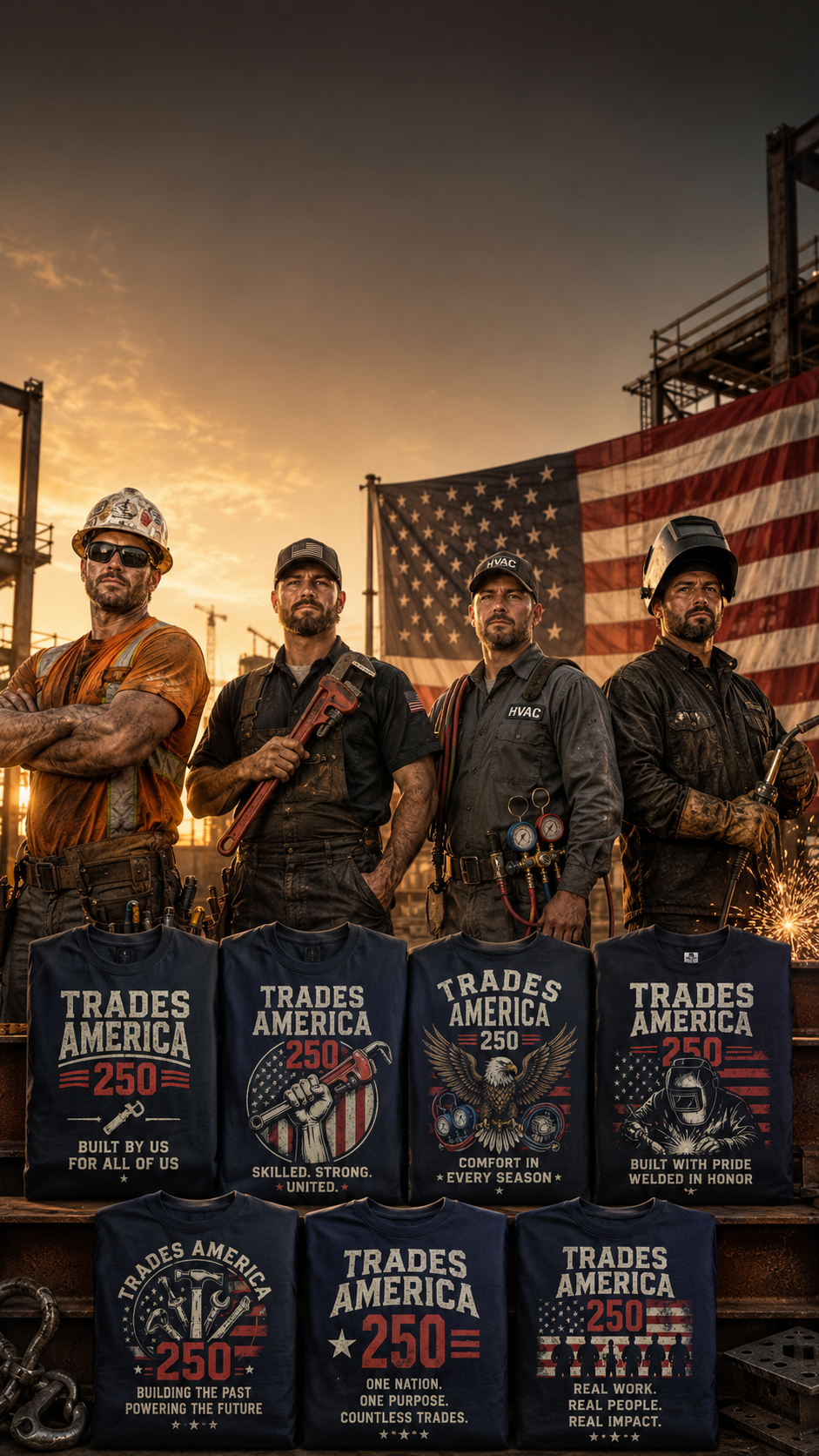 Trades America 250 T-Shirt Collection — Built By Us For All Of Us, Skilled Strong United, Comfort In Every Season, Built With Pride Welded In Honor, and more designs for tradesmen and tradeswomen.